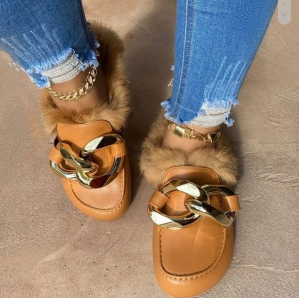 LAST FEW PAIRS....Tan fur lined chain mule loafers